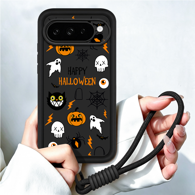 Google Pixel 9 Pro - Handyhülle mit Cartoon-Halloween-Muster und Trageschlaufe für