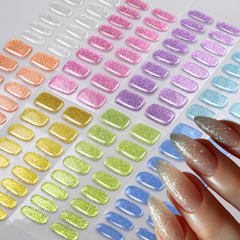 Full Cover Adhesive - 16 farbenfrohe Glitzer-Halbgehärtete Gel-Nagelaufkleber, vollflächig, selbstklebend,